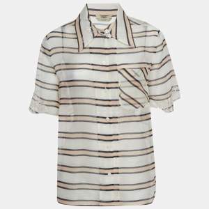 Pre Owned Fendi White/Beige Striped Palm Embroidered Short Sleeve Shirt S