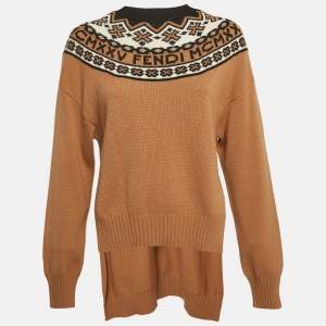 Pre Owned Fendi Brown Intarsia Wool Intarsia Rib Knit High-Low Sweater M