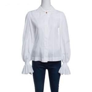 Pre Owned Fendi White Ruffled Cuff Detail Long Sleeve Shirt S