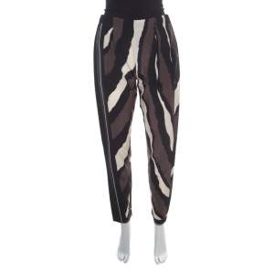 Fendi Brown Printed Silk Elasticized Waist Tapered Pants S