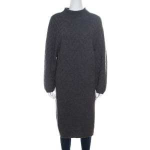 Pre Owned Fendi Grey Chevron Patterned Cashmere Knit High Neck Sweater Dress S