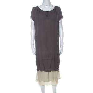 فستان فندي أومبري مزين فرو طبقات أكمام قصيرة حرير رصاصي M