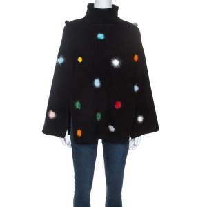 Fendi Black Wool Pom Pom Detail Turtleneck Cape (One Size)