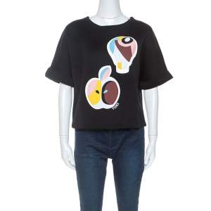 Pre Owned Fendi Black Motif Print Jersey Short Sleeve Sweatshirt M