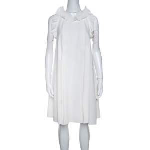 Pre Owned Fendi Off White Silk Ruffle Detail Pleated Short Dress S