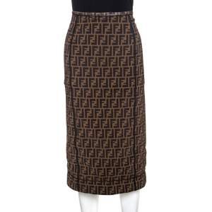 Pre Owned Fendi Brown Logo Print Stretch Jersey Pencil Skirt S