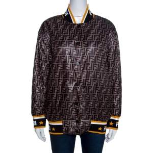 Pre Owned Fendi Black Logo Print Silk Reversible Quilted Bomber Jacket S
