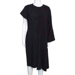 Pre Owned Fendi Black Stretch Knit Wool Overlay Asymmetric Sleeve Dress L