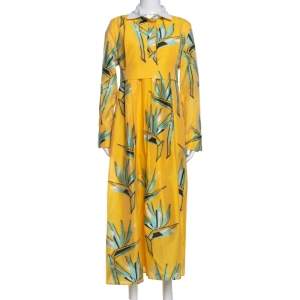 Fendi Yellow Silk Jacquard Birds of Paradise Flower Dress M