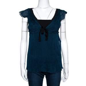 Pre Owned Fendi Green Plisse Silk Ruffled Top M