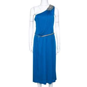 Pre Owned Fendi Blue Draped Jersey Embellished Shoulder Detail Belted Dress M