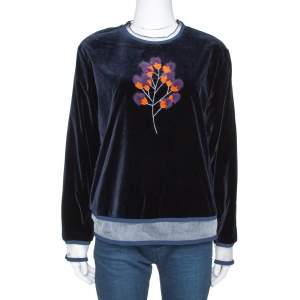 Pre Owned Fendi Dark Blue Velvet Mink Fur Floral Appliqued Top M