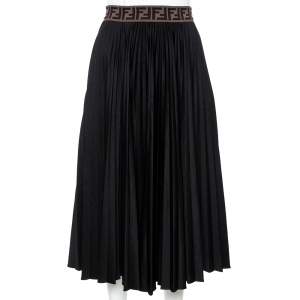 Pre Owned Fendi Black Techno Jersey FF Logo Trim Pleated Skirt S