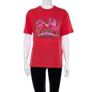 مملوكة مسبقًا Fendi Coral Pink Cotton Sequin Embellished T Shirt XS
