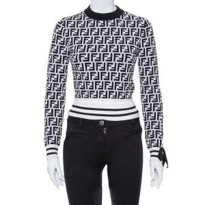 Pre Owned Fendi Monochrome FF Logo Jacquard Knit Crop Top S
