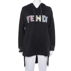 Pre Owned Fendi Black Cotton Logo Studded Long Hoodie S