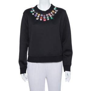 Pre Owned Fendi Black Knit Embellished Neck Detail Cropped Sweatshirt M