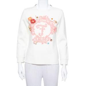 Pre Owned Fendi Cream Knit Floral Embroidered Applique Detail Pullover S
