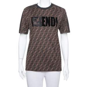 Pre Owned Fendi Brown Logo Printed Cotton Embroidered Crewneck T Shirt S
