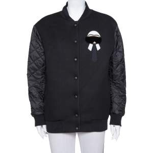 Pre Owned Fendi Karlito Black Logo Applique Detail Quilted Down Bomber Jacket M