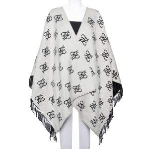Pre Owned Fendi Grey Logo Intarsia Knit Fringed Poncho (One Size)