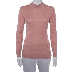 Pre Owned Fendi Pink Zucca Monogram Knit High Neck Jumper S