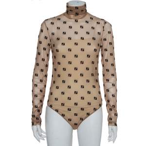 مملوكة مسبقًا Fendi Beige Tulle Logo Embroidered High Neck Sheer Bodysuit S