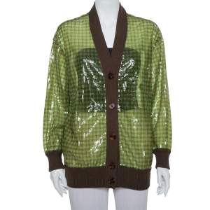 Pre Owned Fendi Green Tulle Sequin Embellished V- Neck Cardigan S