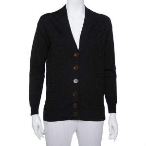 Pre Owned Fendi Black Logo Intasia Knit Button Front V-Neck Cardigan XS