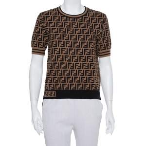 Pre Owned  Fendi Black & Brown Zucca Monogram Intarsia Knit Top M
