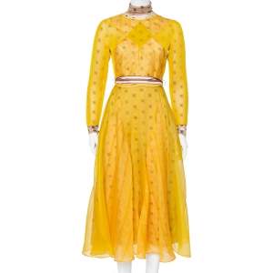 Pre Owned Fendi Yellow Logo Embroidered Sheer & Mesh Overlay Belted Midi Dress S