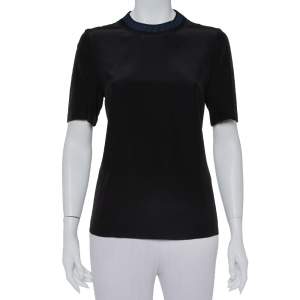 Pre Owned Fendi Black Silk Ribbed Logo Neck Trim Detail Top M