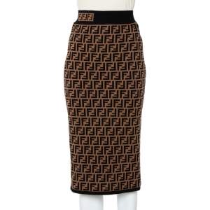 Pre Owned Fendi Brown Zucca Monogram Knit Midi Skirt S