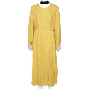 مملوكة مسبقًا Fendi Yellow Textured Silk Collar Tie Detail Grisaille Maxi Dress L