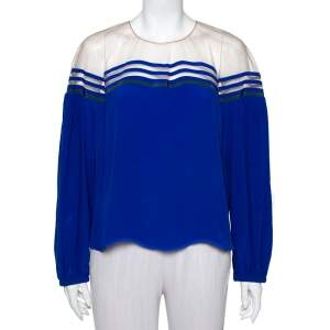 مملوكة مسبقًا Fendi Blue Silk Tulle Illusion Long Sleeve Blouse L