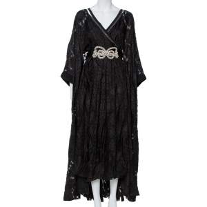 Pre Owned Fendi Black Daisy Fil Coupe Slit Detail Belted Kaftan Maxi Dress M