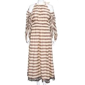Pre Owned Fendi Beige Striped Cotton & Silk Cut Out Sleeve Detail Maxi Dress M