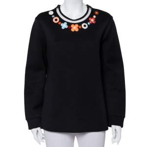 Pre Owned Fendi Black Knit Floral Neck Embellished Round Neck Top XL