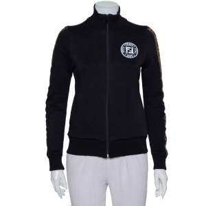 Pre Owned Fendi Black Jersey Logo Trim Detail Zip Front Jacket S