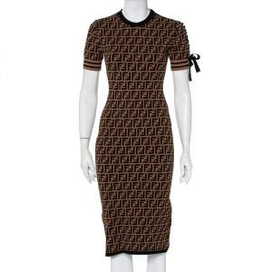 مملوكة مسبقًا Fendi Brown Zucca Monogram Knit Short Sleeve Sheath Dress S