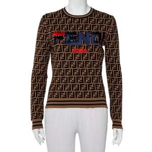 Pre Owned Fendi Brown Zucca Monogram Knit Logo Embroidered Jumper M