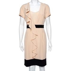 Pre Owned Fendi Beige Silk Contrast Detail Ruffled Midi Dress M