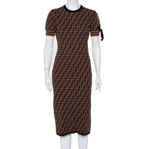 Pre Owned Fendi Brown Logo Monogram Knit Sheath Dress M