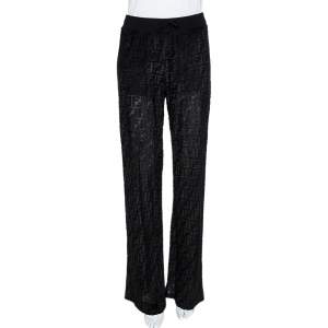 Pre Owned Fendi Black Zucca Monogram Velour Sheer Track Pants M
