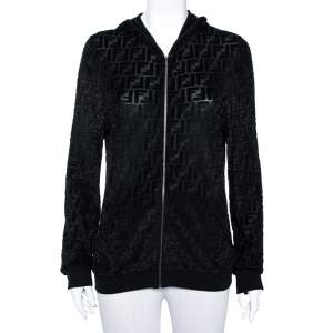 Pre Owned Fendi Black Zucca Monogram Velour Zip Front Hooded Jacket L