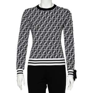 Pre Owned Fendi Monochrome Zucca Monogram Intarsia Knit Crop Top S