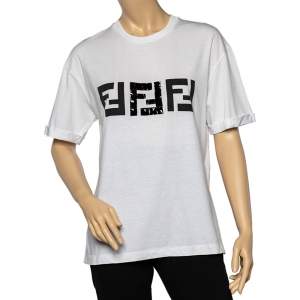 مملوكة مسبقًا Fendi White Cotton Embellished Logo Detail High-Low Hem Oversized T-Shirt S