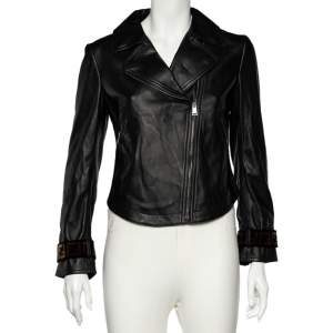 Pre Owned Fendi Black Leather Zucca Velvet Trim Biker Jacket S