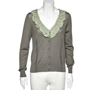 Fendi Green Wool & Silk Ruffle Neck Cardigan L