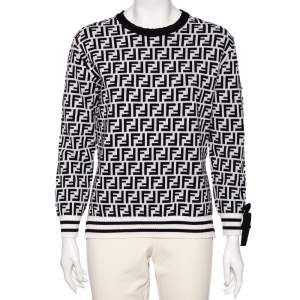 Pre Owned Fendi Monochrome Zucca Monogram Jacquard Knit Ribbon Detailed Pullover L
